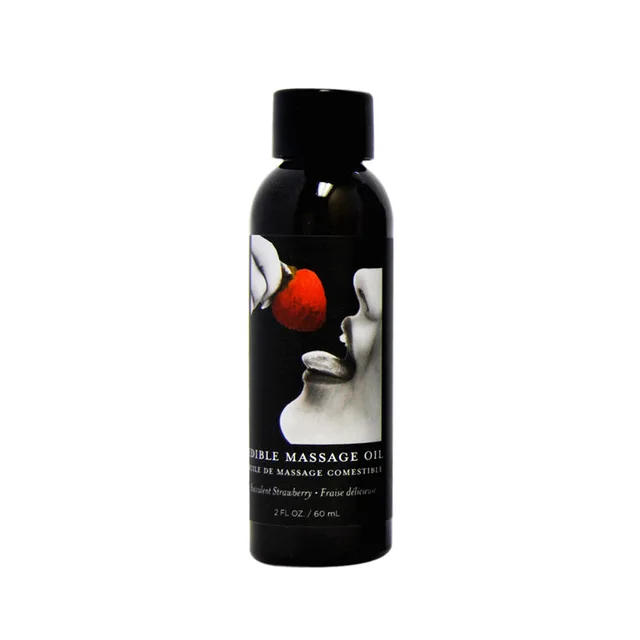 Earthly Body Strawberry Edible Massage Oil black 2 oz bottle with strawberry label image