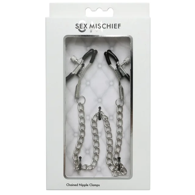 Sex & Mischief Chained Clamps clamps and silver chains inside white hanging pack