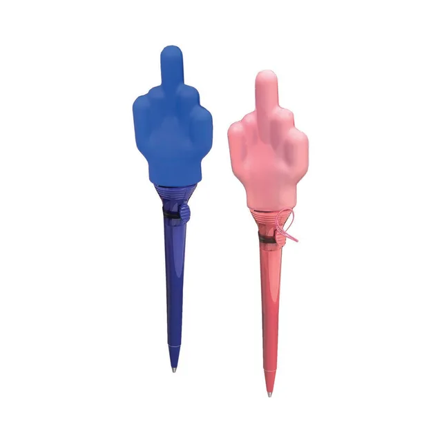 Blue and pink middle-finger Flying Fuck pens side by side