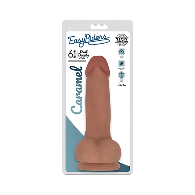 Curve Novelties Easy Riders 6-inch tan dildo white-and-teal blister package with caramel label and full product visible