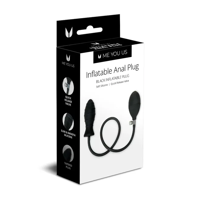Black inflatable Me You Us anal plug with tube and hand pump
