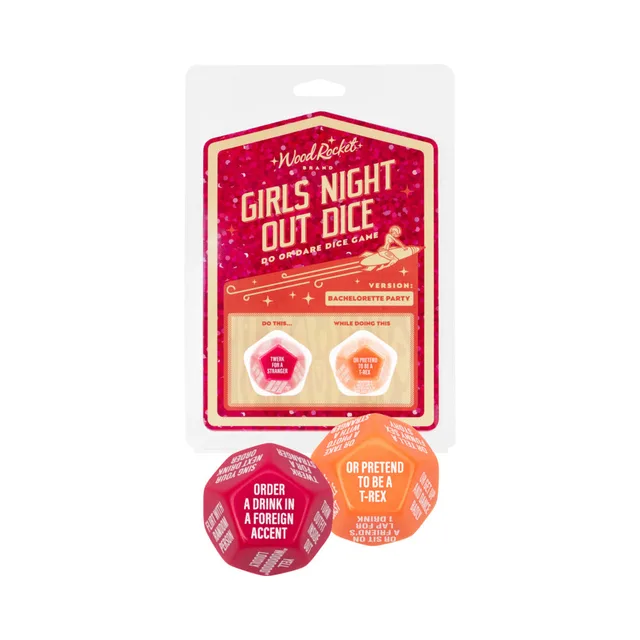 Wood Rocket Girls Night Out red blister card with pink and orange prompt dice