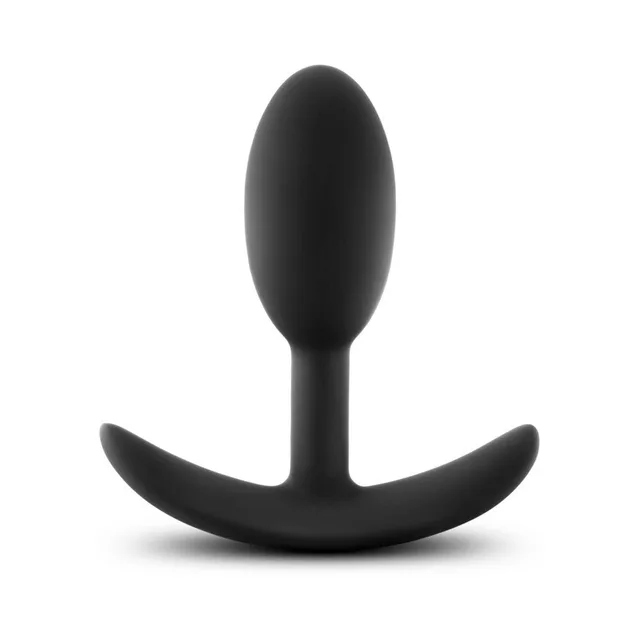 Front view of small black oval plug with curved anchor base