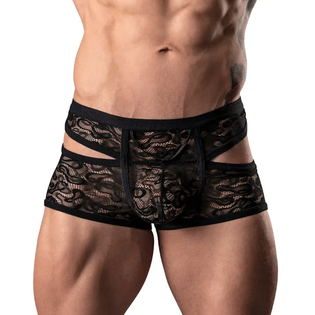 Male Power Lucifer size S black floral lace cutout short front view worn by model