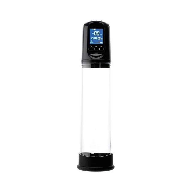 Adam & Eve rechargeable clear digital penis pump full upright view with digital control screen