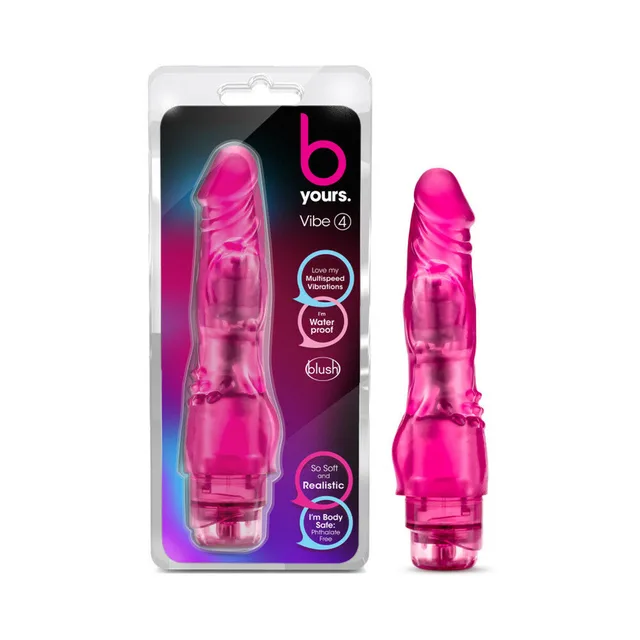 B Yours Vibe 4 pink vibrating dildo beside retail package