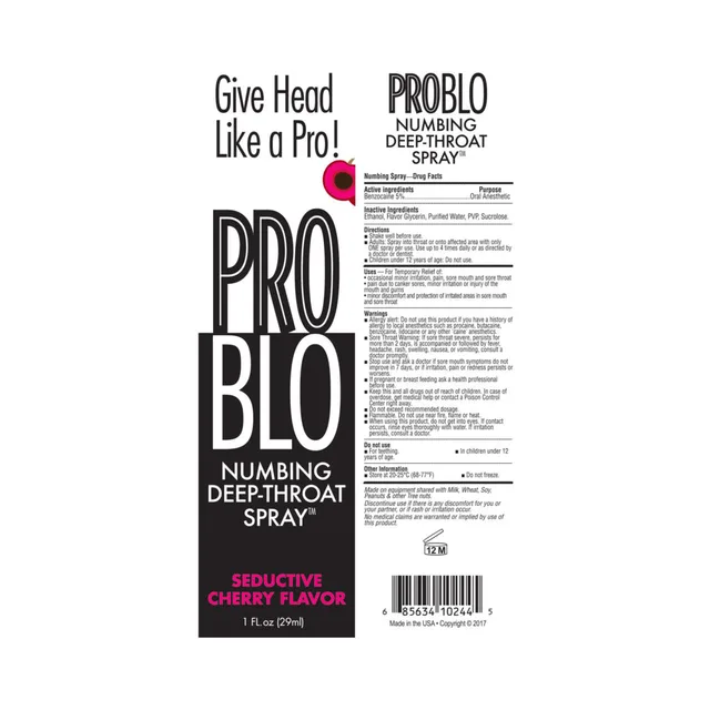 Rear panel of ProBlo Cherry spray package with label text