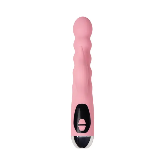 Camtoyz Vessa pink dual G-spot and clitoral vibrator front view of the beaded shaft, side arm and black controls