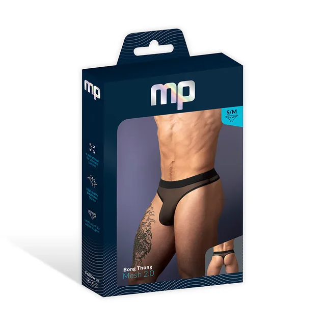 Male Power Mesh 2.0 Bong Thong in black size S/M displayed in a navy window retail box