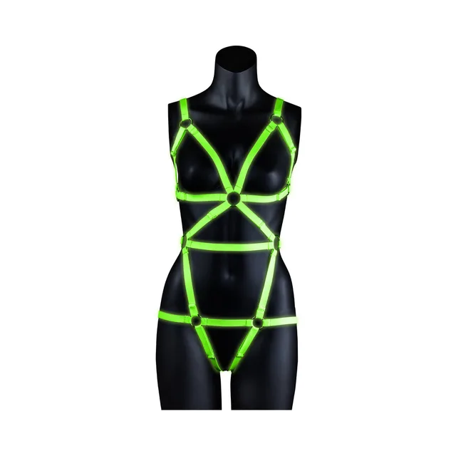 Neon-green full-body harness on black mannequin