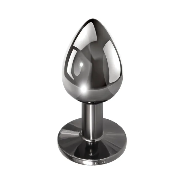 Angled view of glossy black metal plug with round base