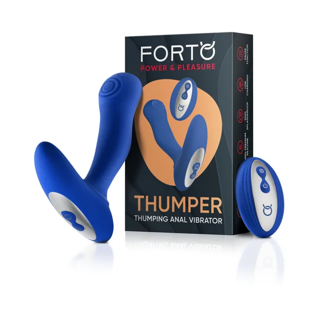 Blue Forto Thumper vibrator and remote beside retail box