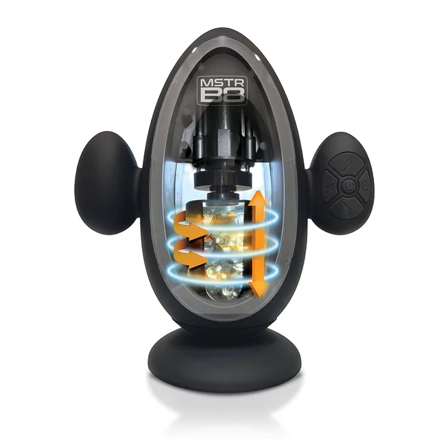 Front view of black MSTR B8 stroker with clear window and orange inner rings