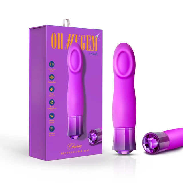 Blush Oh My Gem Charm amethyst silicone vibrator beside purple retail box and faceted end cap