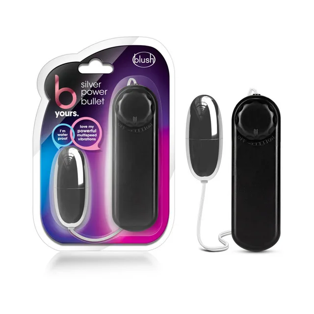 Blush B Yours Silver Remote Egg Vibrator beside black remote in retail blister pack