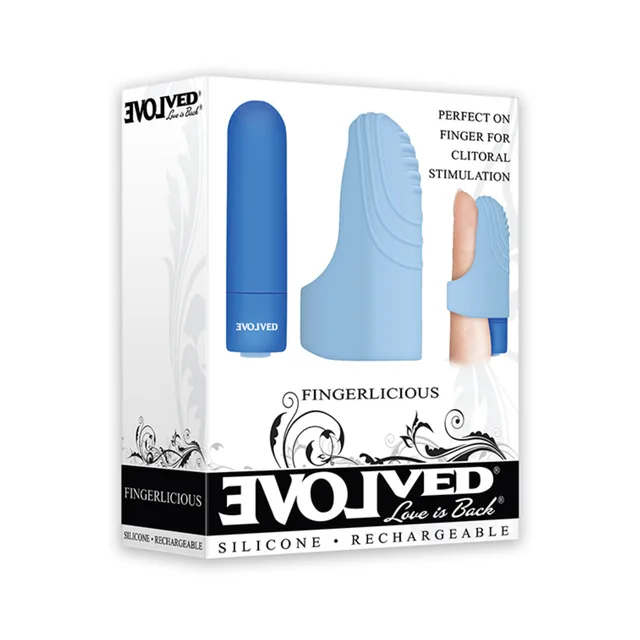 Evolved Fingerlicious blue finger vibrator in retail package