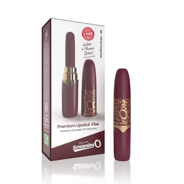 merlot Screaming O My Secret lipstick vibrator beside black retail box