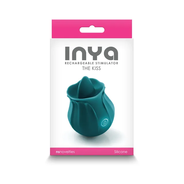 INYA The Kiss dark teal stimulator in white and pink retail box