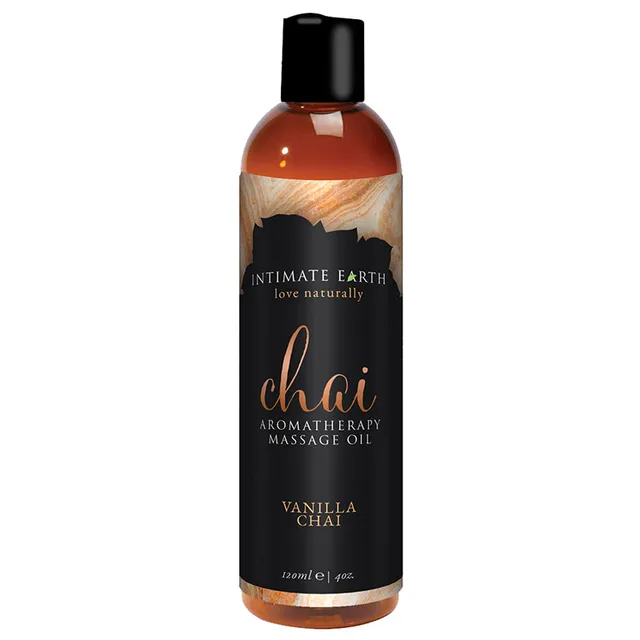 Intimate Earth Vanilla Chai Massage Oil amber 4 oz bottle with black vanilla chai label