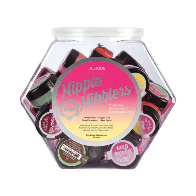 Jelique Nipple Nibbler Assorted Balm Display display front with pink center label and colored pots