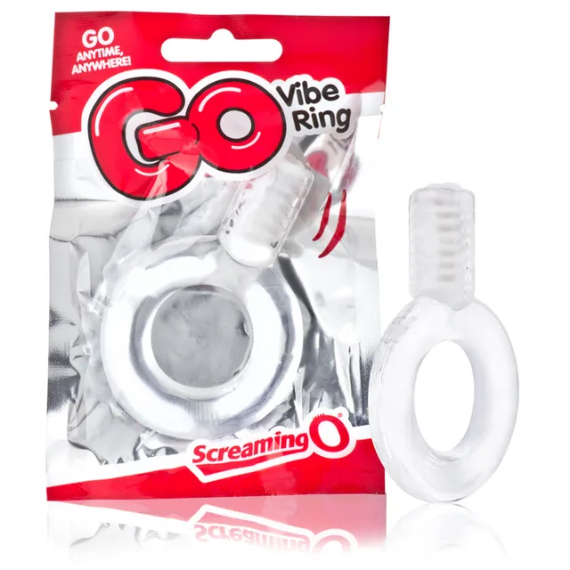 Screaming O GO Clear Vibe Ring clear ring beside transparent pouch and red hanging card