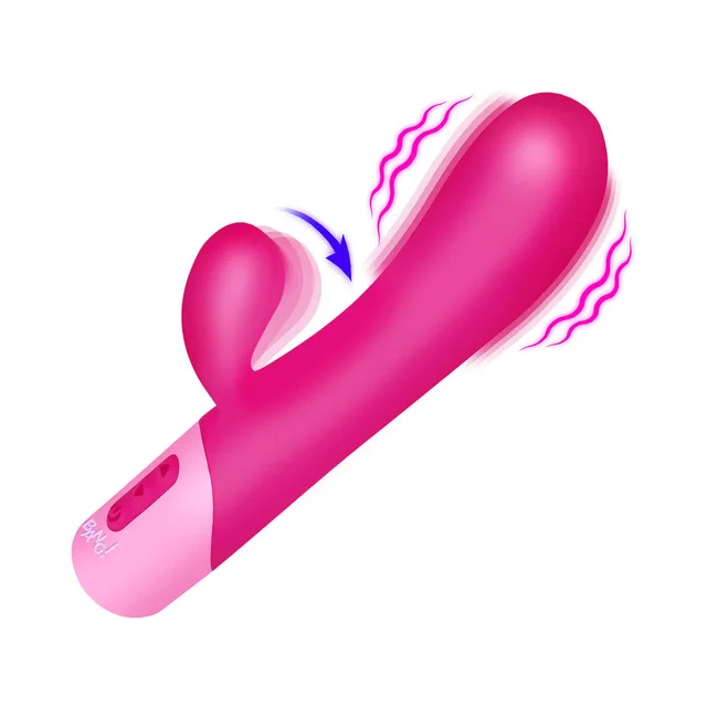 BANG pink vibrating rabbit vibrator front view with motion arrow around the shaft