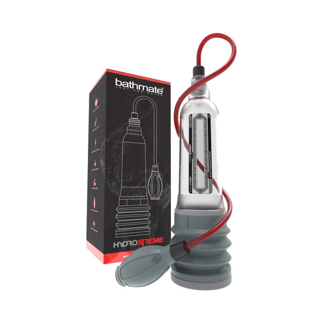 Bathmate HydroXtreme9 Clear penis pump retail box beside tall transparent cylinder, red hose and gray handball