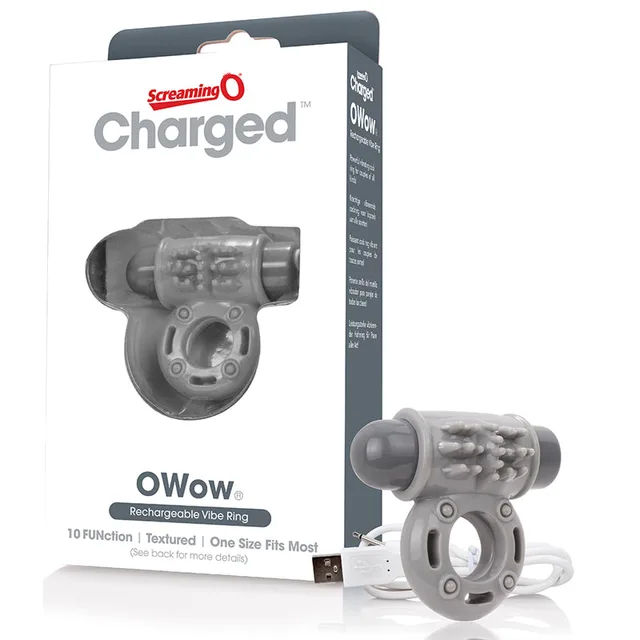 Screaming O Charged OWow Gray Vibrating Ring beside white gray retail carton and USB cable