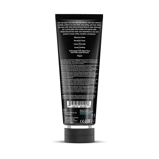 Wicked Jelle 8-ounce lubricant black squeeze tube back panel