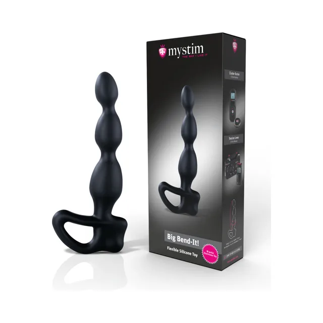 Mystim Big Bend-it black prostate stimulator with three bulbous sections and ring handle beside box