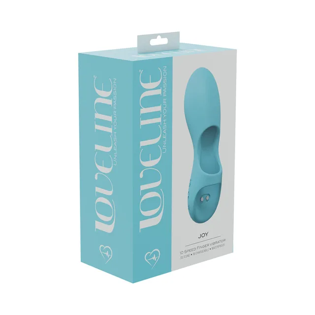 teal LoveLine Joy finger vibrator with open loop pictured on aqua box