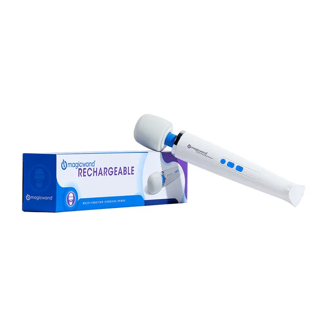 Magic Wand Rechargeable HV-270 Massager white wand beside blue retail box