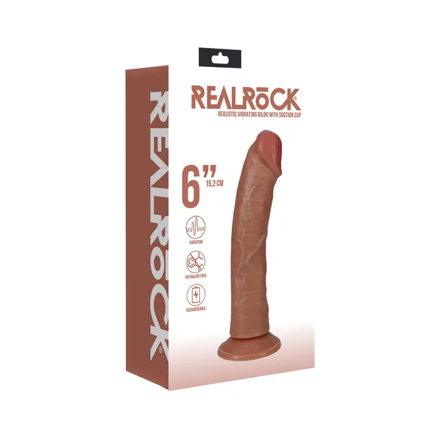 Shots RealRock tan 6-inch curved dildo product pictured on white and brown retail box