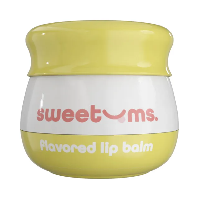 Front view of rounded Sweetums Pineapple Lip Balm jar with yellow-green lid