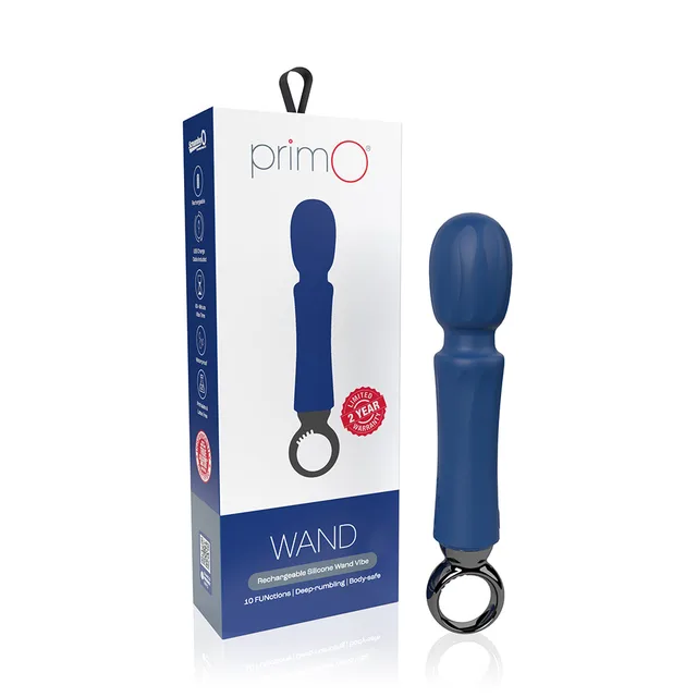 blue Screaming O Primo Wand with black ring handle beside retail box