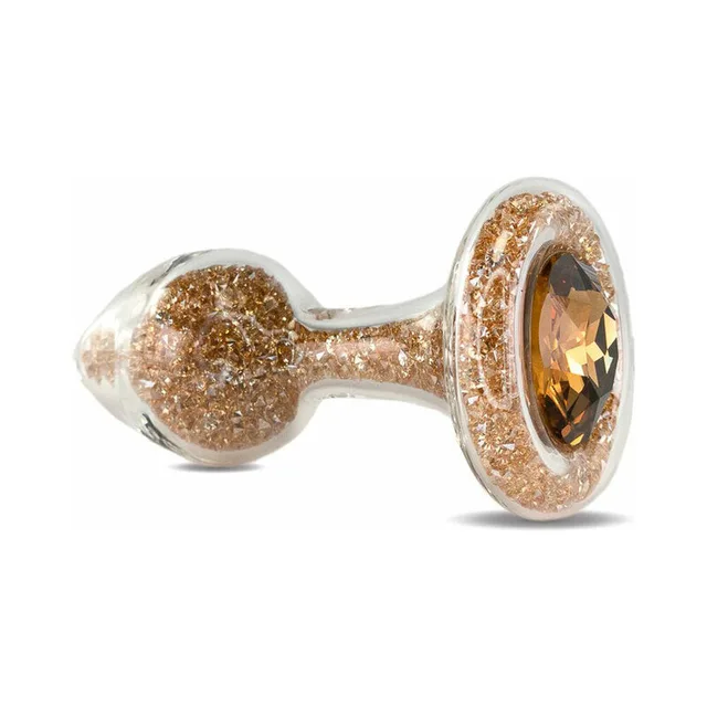 gold-sparkle clear glass plug with amber-gold faceted gem base