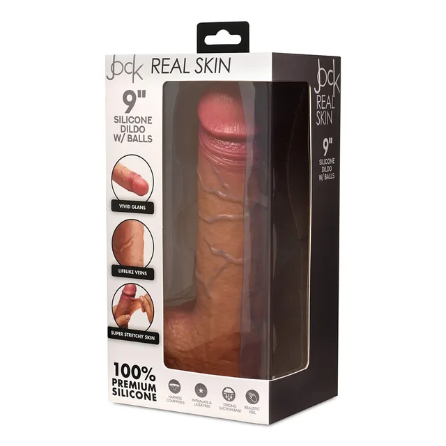 JOCK medium-tone 9-inch silicone dildo with balls in Real Skin box