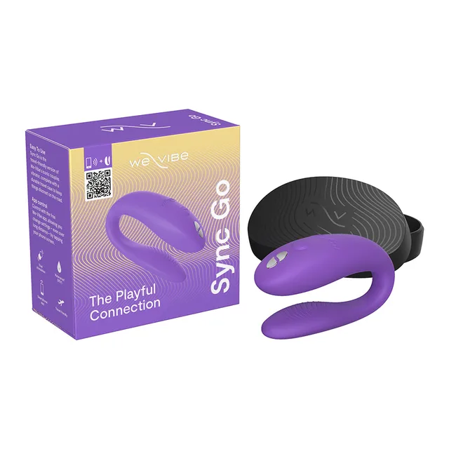 light purple We-Vibe Sync Go beside its textured black case and purple retail box