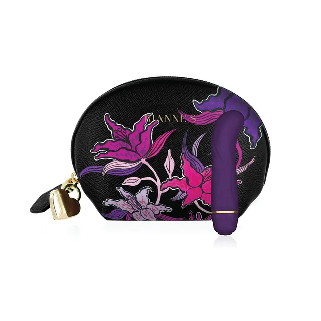 purple Rianne S Mini G vibrator beside black floral zip pouch with gold pull