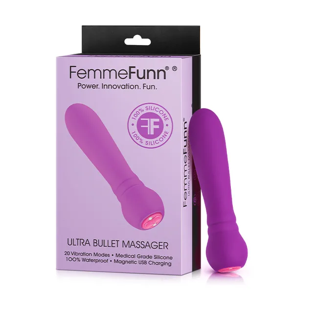FemmeFunn Ultra Purple Bullet Vibrator purple cylindrical bullet beside purple white retail carton