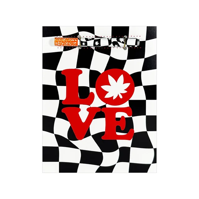 Retro Love greeting card with red lettering, checkered design and mounted one-hitter