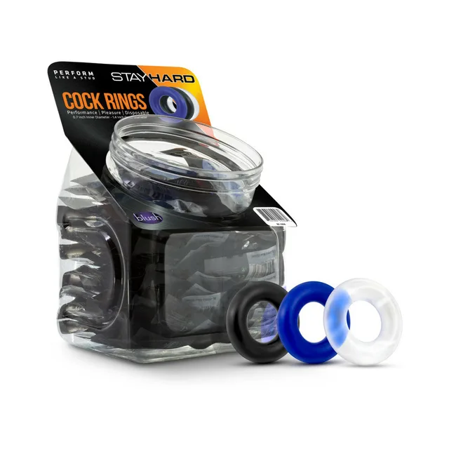 Stay Hard Donut Rings counter display with black blue and clear rings