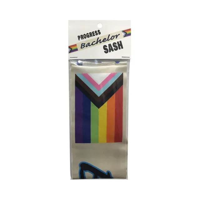 Progress Bachelor rainbow sash with black and multicolor chevrons in clear packaging