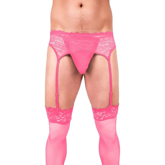 Front view of 2XL Prowler pink lace garter set