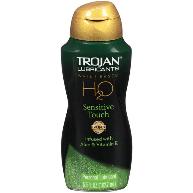 Trojan H2O Sensitive Touch Lubricant black contoured bottle with gold cap and green label