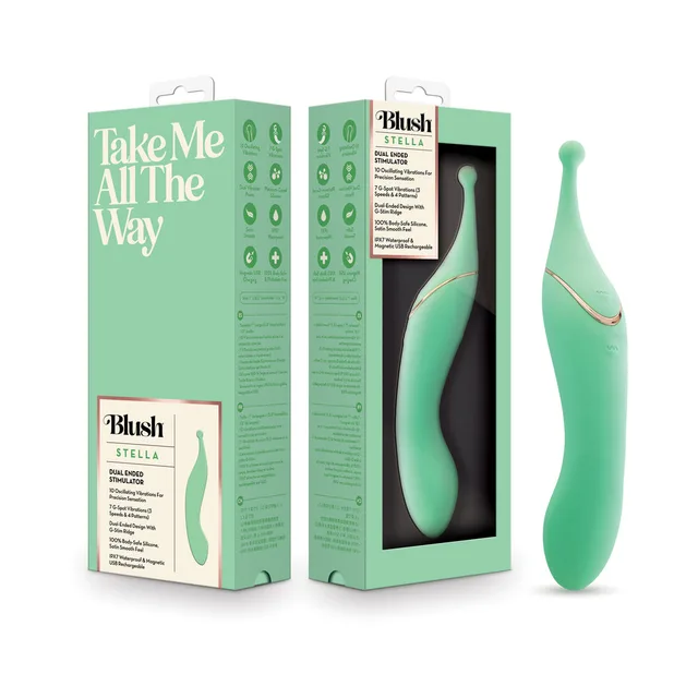 Green Blush Stella dual-ended vibrator beside Take Me All The Way box