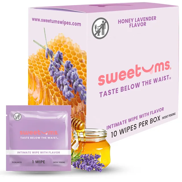 Sweetums Honey Lavender intimate wipes box, single packet and honey lavender artwork