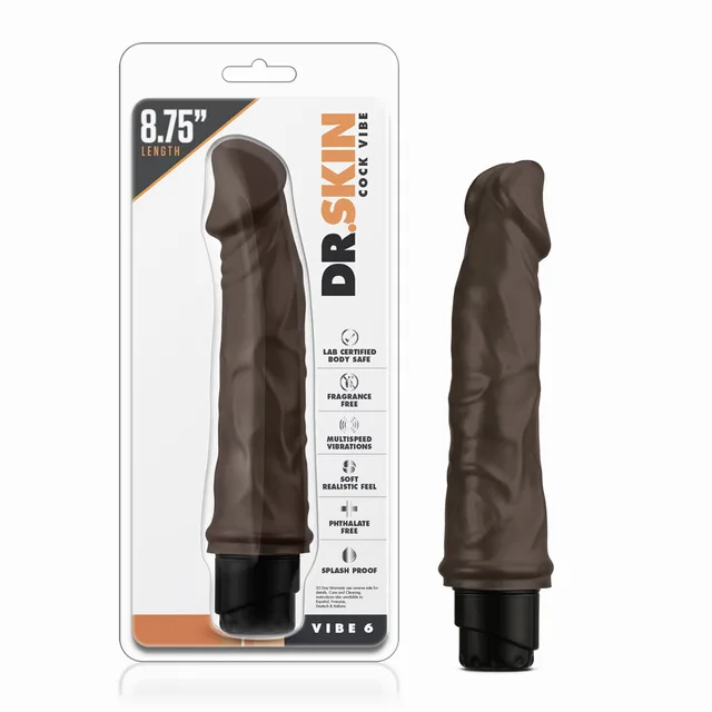 Dr. Skin Cock Vibe 6 Brown Vibrator beside clear 8.75-inch retail package