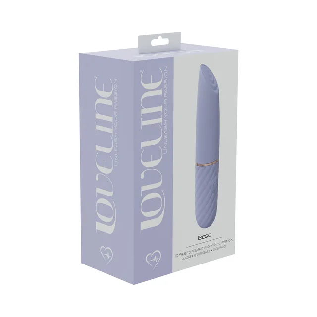 lavender LoveLine Beso lipstick vibrator pictured on purple box