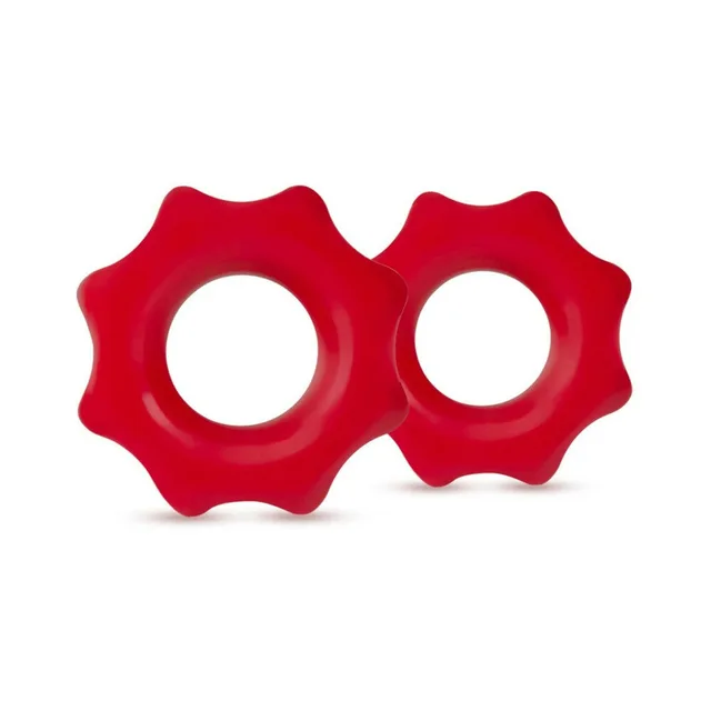 Pair of red Stay Hard Nutz rings with scalloped outer edges